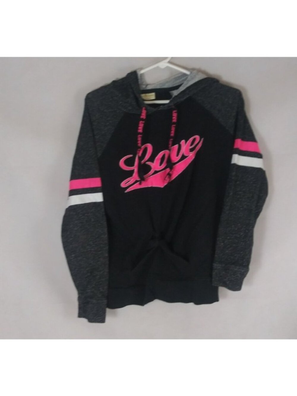 Bobbie Brooks Black & Gray Pink Love Graphic Design Tie Front Hoodie Size Medium